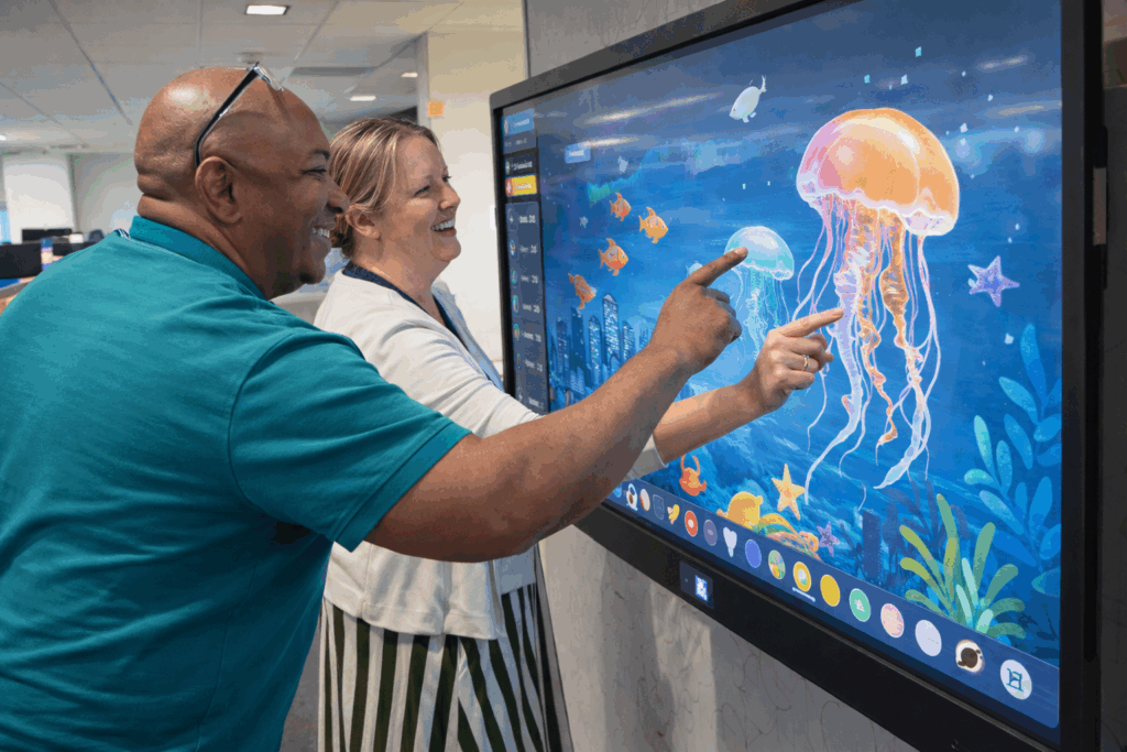 Man and woman using an interactive board in a sensory room to decompress.